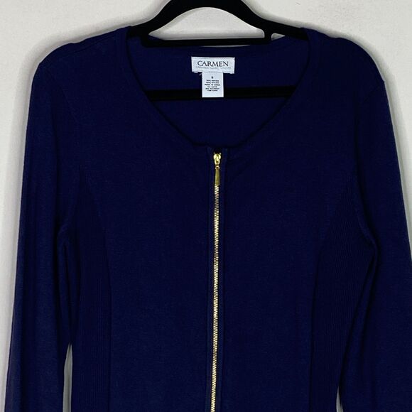 Carmen Marc Valvo Navy Blue Zip Up 3/4 Sleeve Sweater Top Women's Size Small - Picture 4 of 8